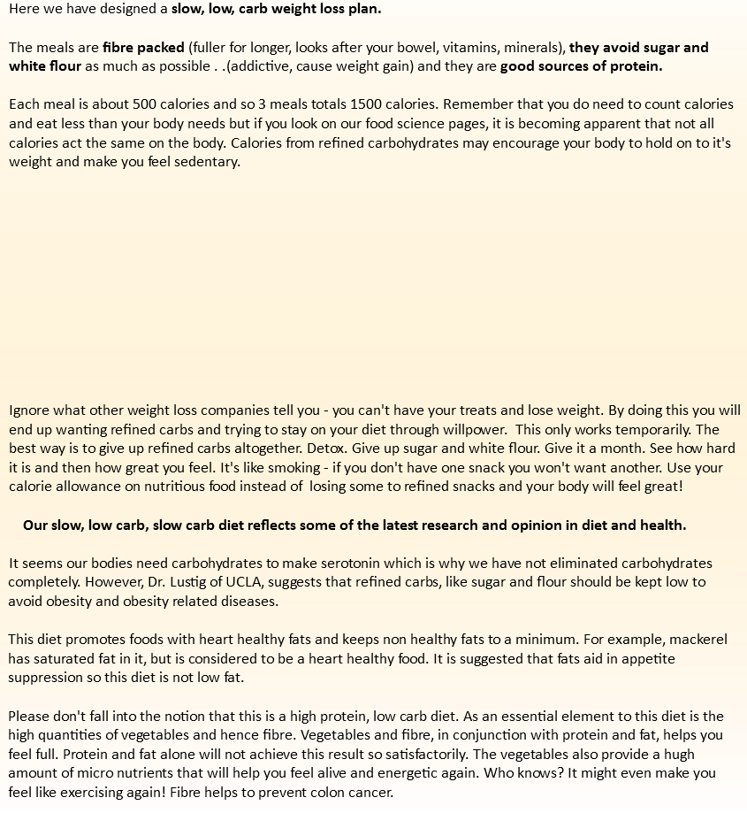 Here we have designed a slow, low, carb weight loss plan. The meals are fibre packed (fuller for longer, looks after your bowel, vitamins, minerals), they avoid sugar and white flour as much as possible . .(addictive, cause weight gain) and they are good sources of protein. Each meal is about 500 calories and so 3 meals totals 1500 calories. Remember that you do need to count calories and eat less than your body needs but if you look on our food science pages, it is becoming apparent that not all calories act the same on the body. Calories from refined carbohydrates may encourage your body to hold on to it's weight and make you feel sedentary. Ignore what other weight loss companies tell you - you can't have your treats and lose weight. By doing this you will end up wanting refined carbs and trying to stay on your diet through willpower. This only works temporarily. The best way is to give up refined carbs altogether. Detox. Give up sugar and white flour. Give it a month. See how hard it is and then how great you feel. It's like smoking - if you don't have one snack you won't want another. Use your calorie allowance on nutritious food instead of losing some to refined snacks and your body will feel great! Our slow, low carb, slow carb diet reflects some of the latest research and opinion in diet and health. It seems our bodies need carbohydrates to make serotonin which is why we have not eliminated carbohydrates completely. However, Dr. Lustig of UCLA, suggests that refined carbs, like sugar and flour should be kept low to avoid obesity and obesity related diseases. This diet promotes foods with heart healthy fats and keeps non healthy fats to a minimum. For example, mackerel has saturated fat in it, but is considered to be a heart healthy food. It is suggested that fats aid in appetite suppression so this diet is not low fat. Please don't fall into the notion that this is a high protein, low carb diet. As an essential element to this diet is the high quantities of vegetables and hence fibre. Vegetables and fibre, in conjunction with protein and fat, helps you feel full. Protein and fat alone will not achieve this result so satisfactorily. The vegetables also provide a hugh amount of micro nutrients that will help you feel alive and energetic again. Who knows? It might even make you feel like exercising again! Fibre helps to prevent colon cancer.