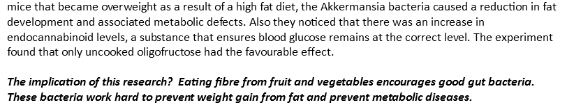 mice that became overweight as a result of a high fat diet, the Akkermansia bacteria caused a reduction in fat development and associated metabolic defects. Also they noticed that there was an increase in endocannabinoid levels, a substance that ensures blood glucose remains at the correct level. The experiment found that only uncooked oligofructose had the favourable effect. The implication of this research? Eating fibre from fruit and vegetables encourages good gut bacteria. These bacteria work hard to prevent weight gain from fat and prevent metabolic diseases.