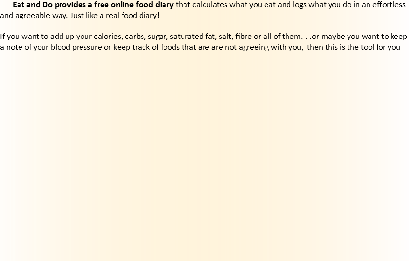 Eat and Do provides a free online food diary that calculates what you eat and logs what you do in an effortless and agreeable way. Just like a real food diary! If you want to add up your calories, carbs, sugar, saturated fat, salt, fibre or all of them. . .or maybe you want to keep a note of your blood pressure or keep track of foods that are are not agreeing with you, then this is the tool for you