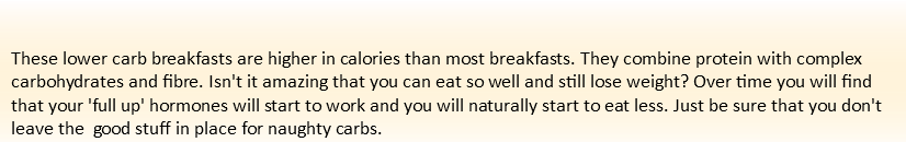  These lower carb breakfasts are higher in calories than most breakfasts. They combine protein with complex carbohydrates and fibre. Isn't it amazing that you can eat so well and still lose weight? Over time you will find that your 'full up' hormones will start to work and you will naturally start to eat less. Just be sure that you don't leave the good stuff in place for naughty carbs.